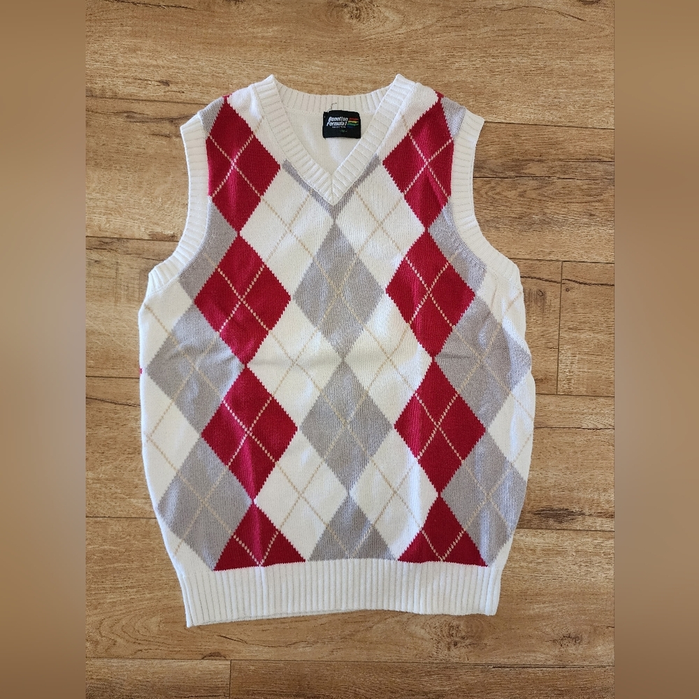 RAREST NWOT Vintage 90s Mens M Benetton F1 Formula 1 Sweater Vest Argyle Cotton